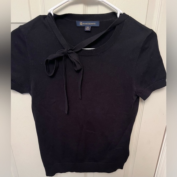 Brooks Brothers Women’s Black Tight Knit Tie Neck Short Sleeve Sweater- XS - Picture 2 of 6
